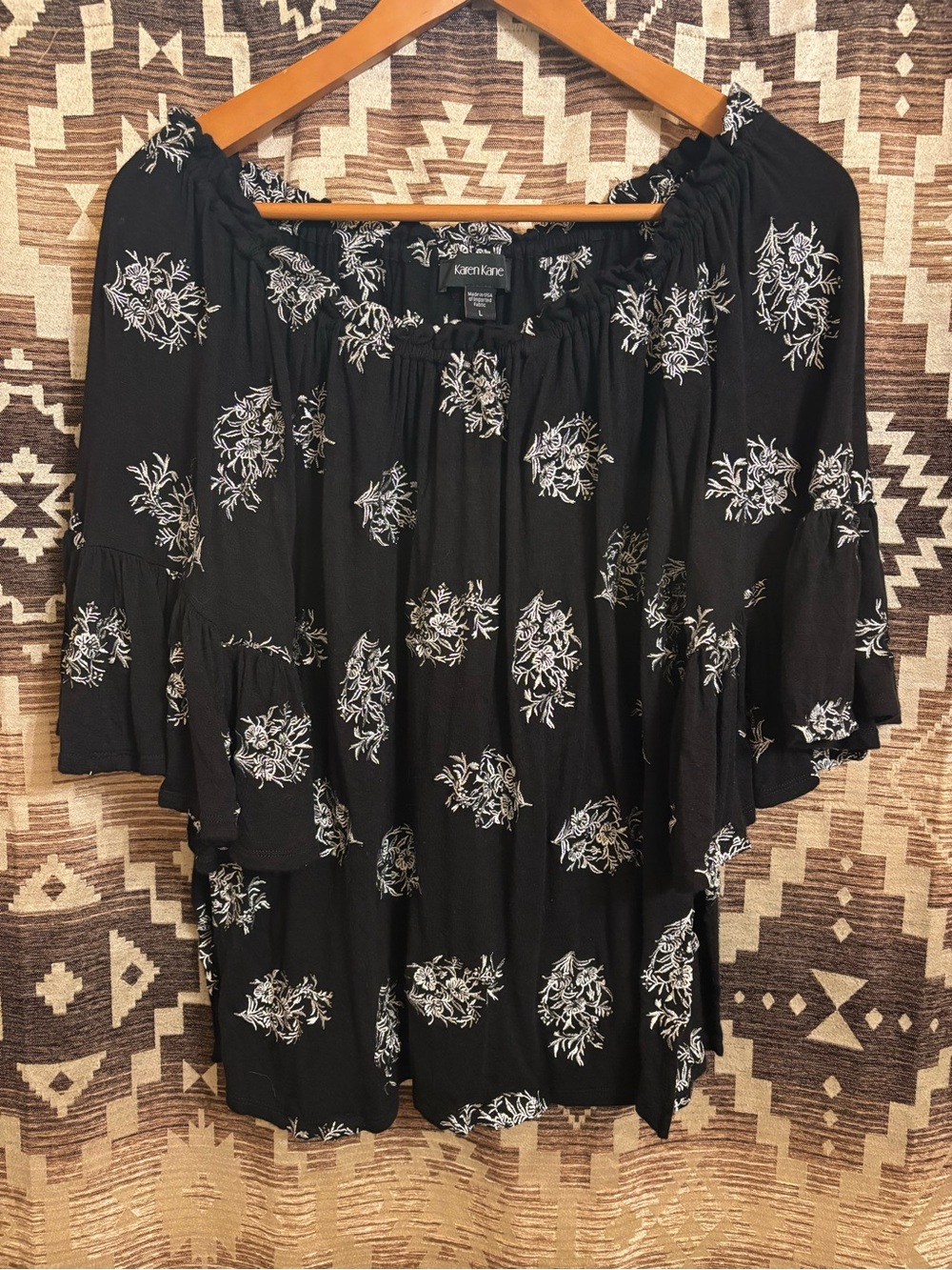 Karen Kane Black Blouse With White Embroidered Floral Details, Size Large